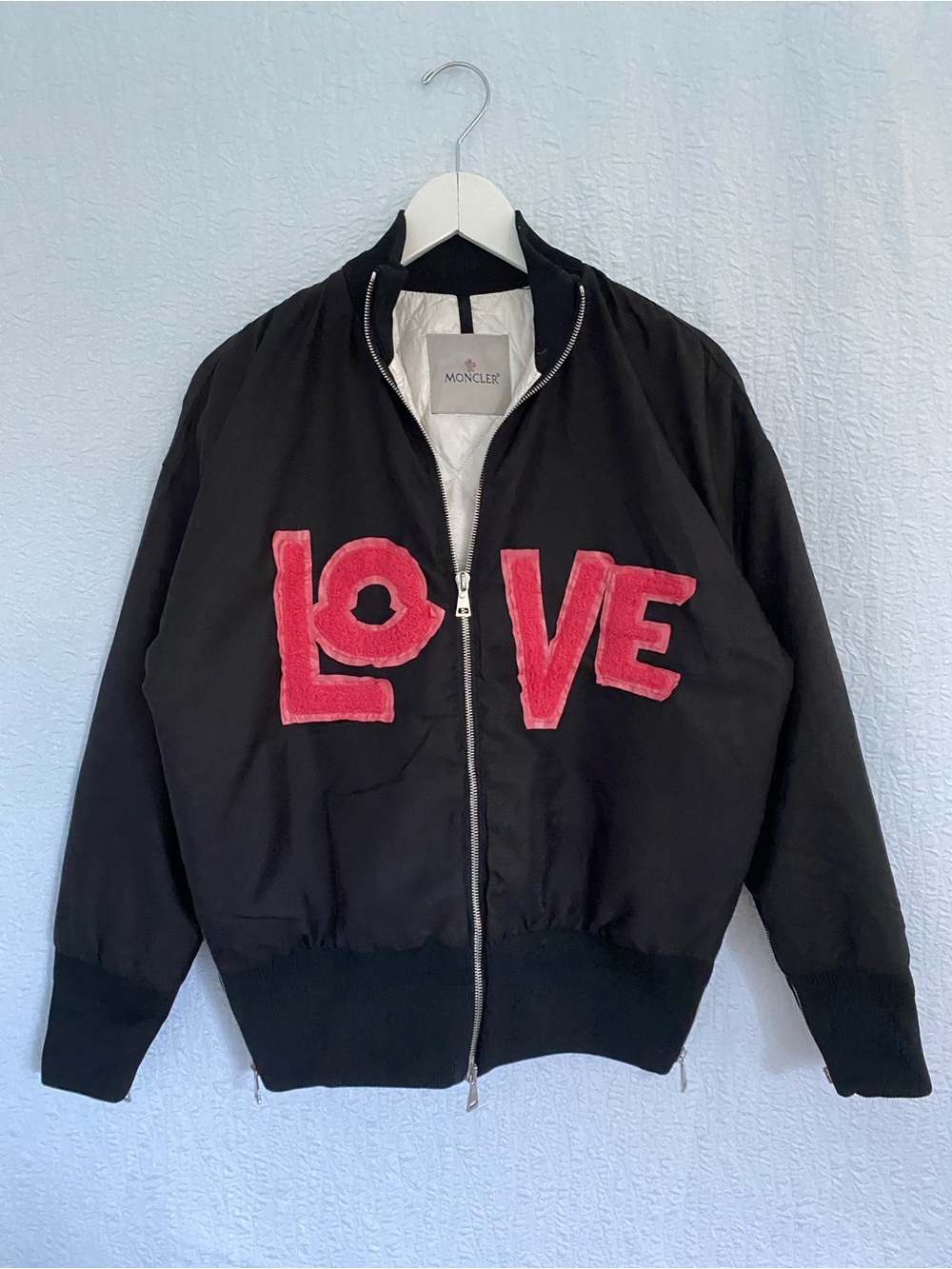 Moncler Genius 1952 Collection Black Bomber Jacket with Pink LOVE Appliqué Down